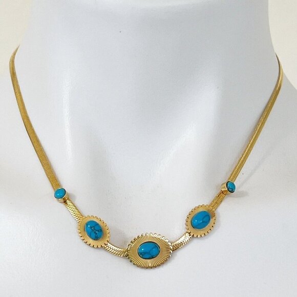18K Gold plated Turquoise Herringbone necklace Stainless Steel womens jewelry - Picture 8 of 11